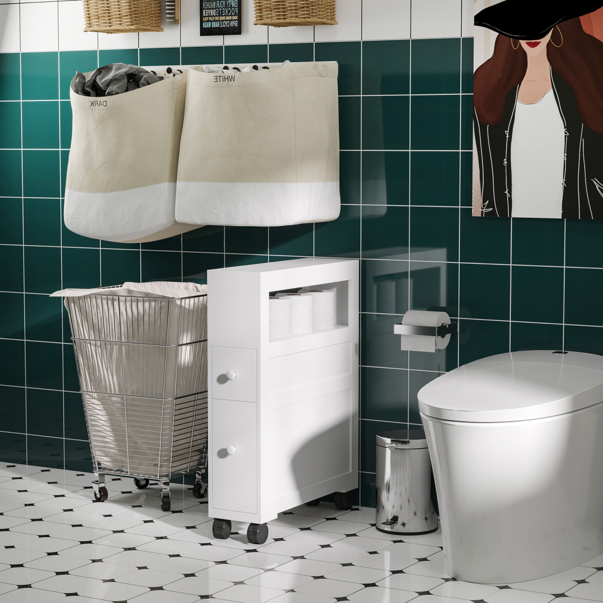 HOMCOM 72x16cm Narrow Bathroom Storage Unit 2 Drawers Open Top 4 Wheels
