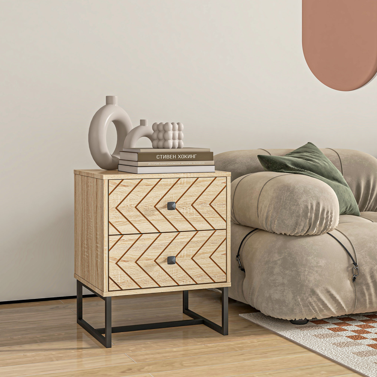 Bedside Table 2 Drawer Unit  Zig Zag Design w/ Black Metal Handles