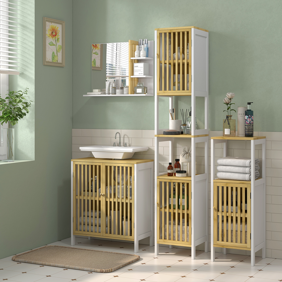 HOMCOM Bathroom Floor Cabinet Bamboo Bathroom Cupboard with Adjustable Shelf
