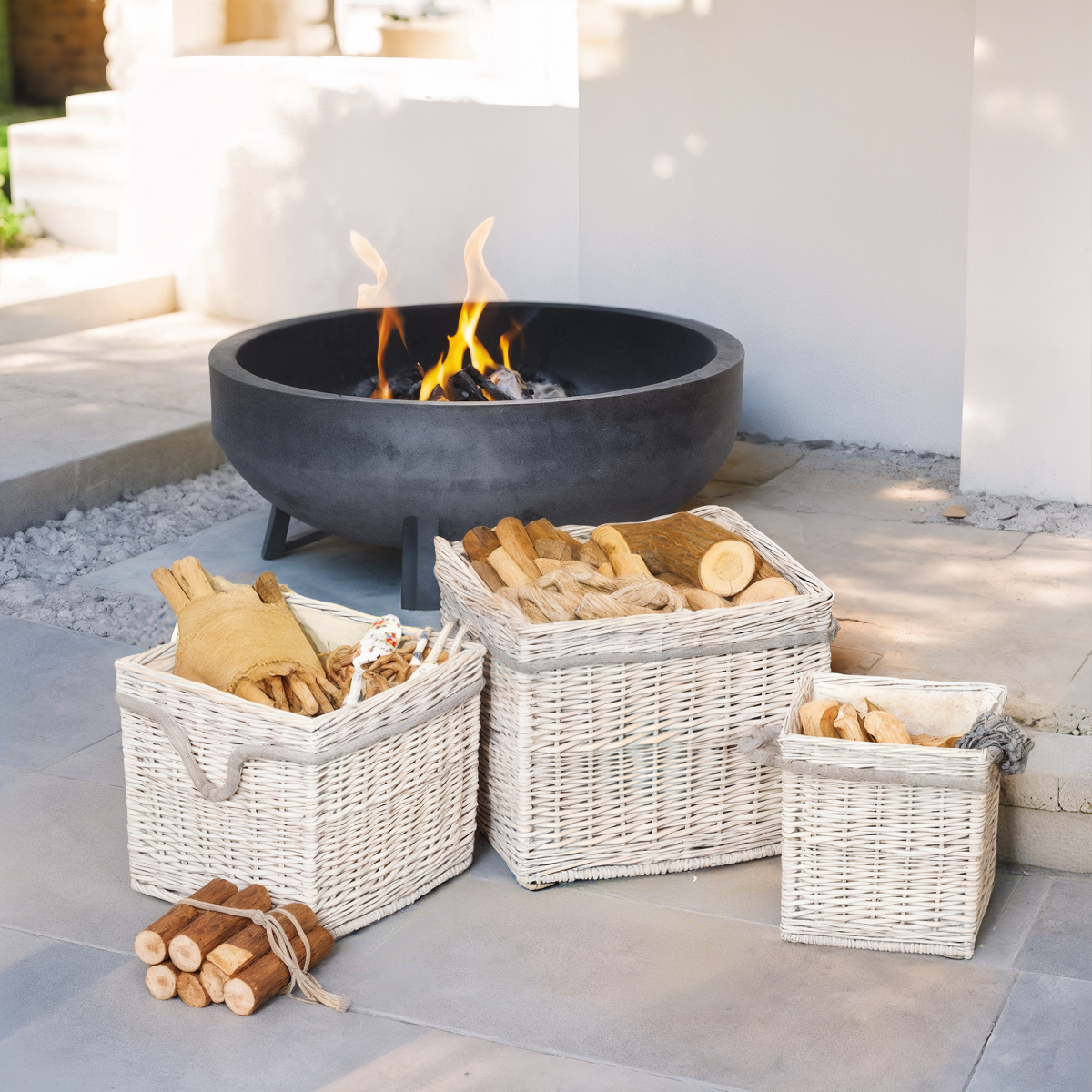 Outsunny Set of 3 Wicker Log Basket with Liner and Rope Handles, Beige