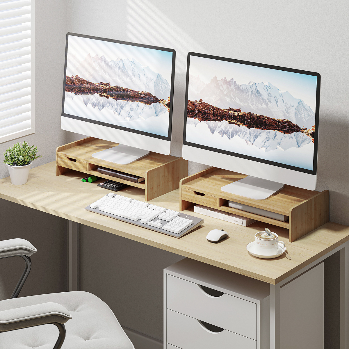 Monitor Riser Laptop PC Plinth Stand Desktop Organiser W/ Drawer Bamboo