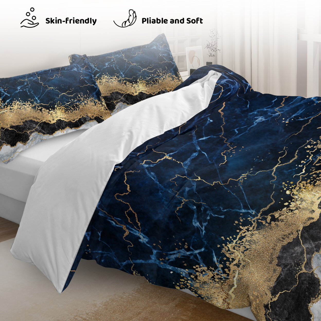 Chic Marble Bedding White Marble Gilded Navy Blue Duvet Cover Set Trendy Printed Design Bed Quilt Cover Set Double 1 Duvet Cover 2 Pillowcases