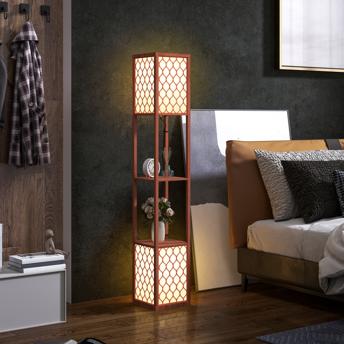 HOMCOM 2-Light Modern Floor Lamp with Shelves for Living Room, Bedroom, Brown