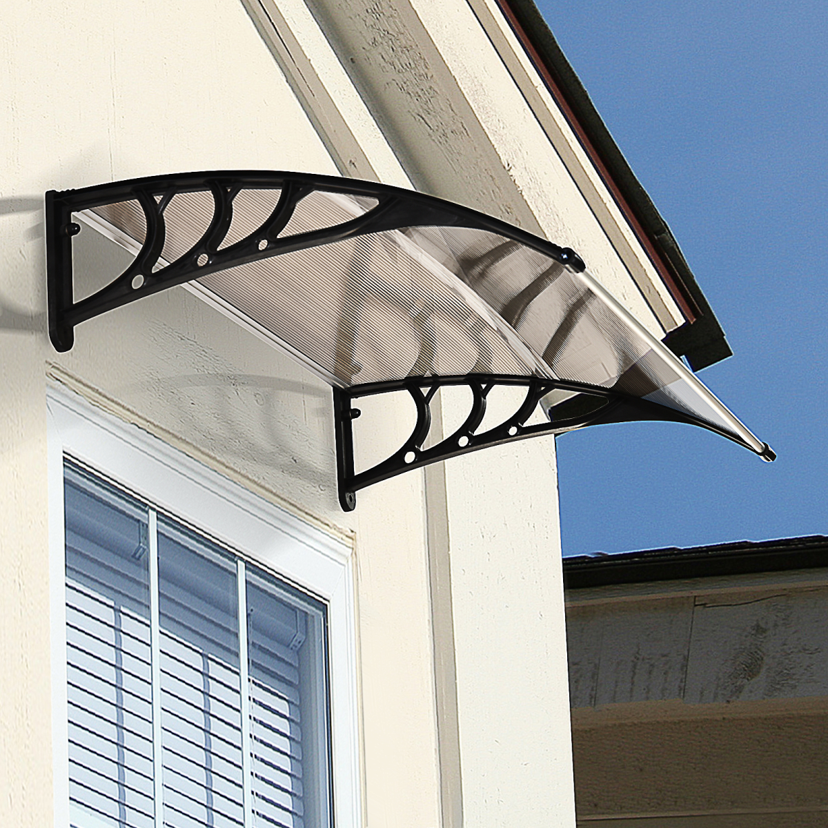75 L x 120 W x 23 H cm Brown Polycarbonate Curved Awning w/ Black Bracket