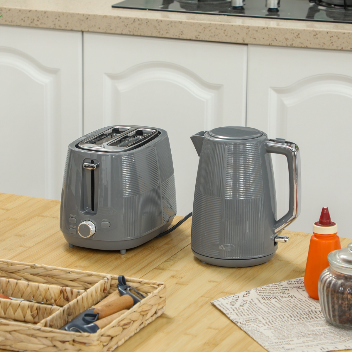 HOMCOM 1.7L Fast Boil Electric Kettle and 2 Slice Water Toaster Set, Grey