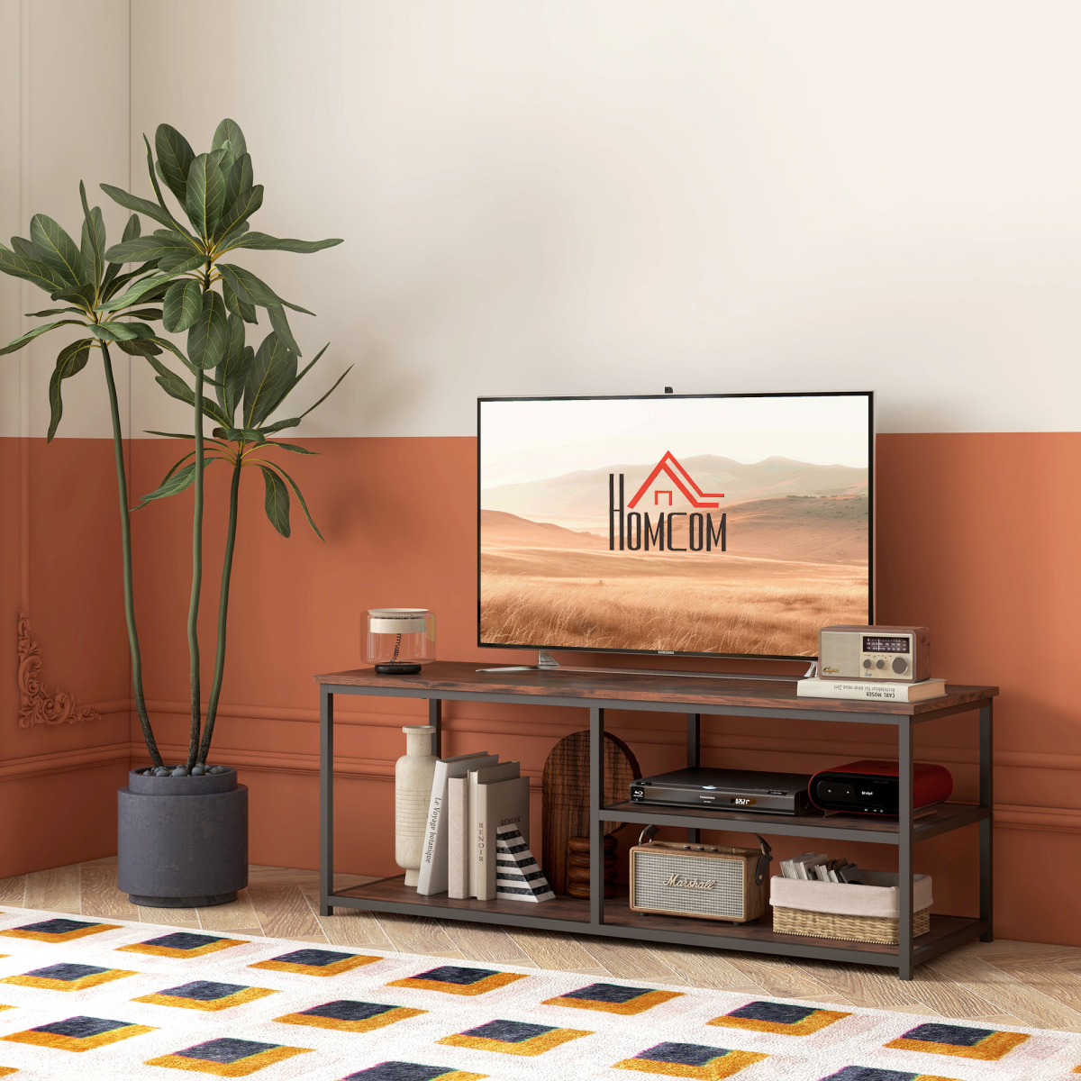 Steel Frame Industrial Style TV Stand w/ Shelf Black/Brown