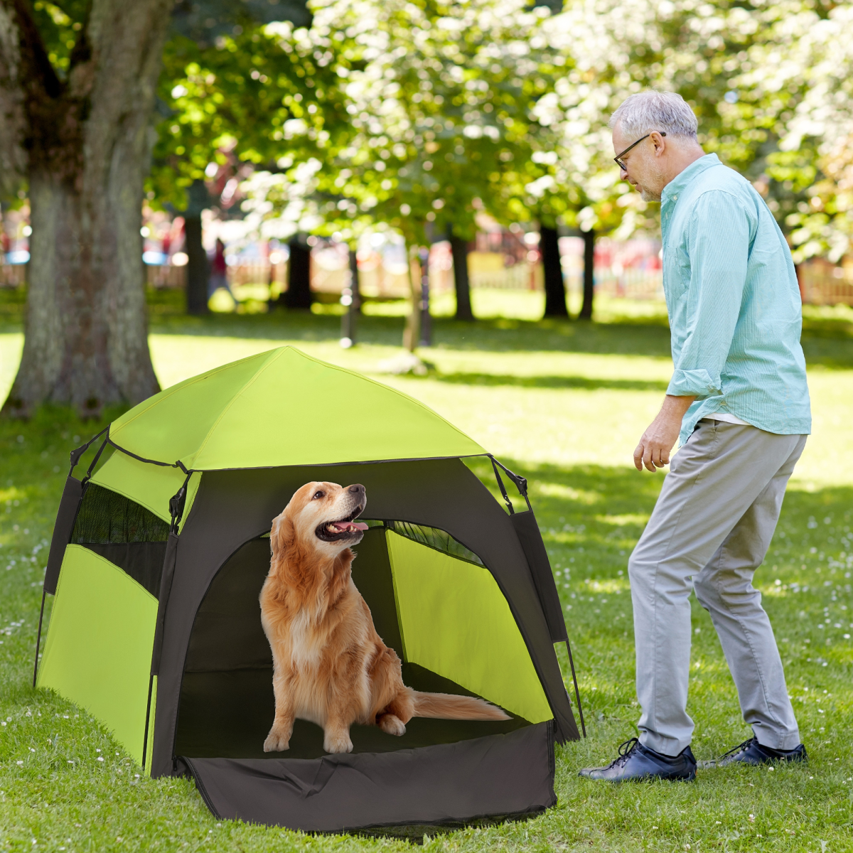 PawHut Foldable Dog Cat Tent with Waterproof Oxford Cloth, Carry Bag, Green