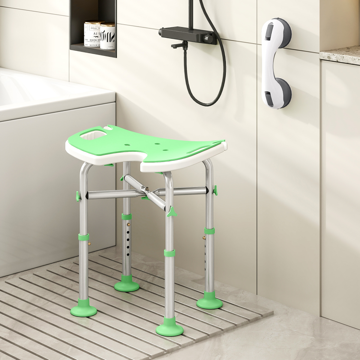 HOMCOM Aluminium Shower Stool for Elderly Disabled Non-Slip Bath Stool Green