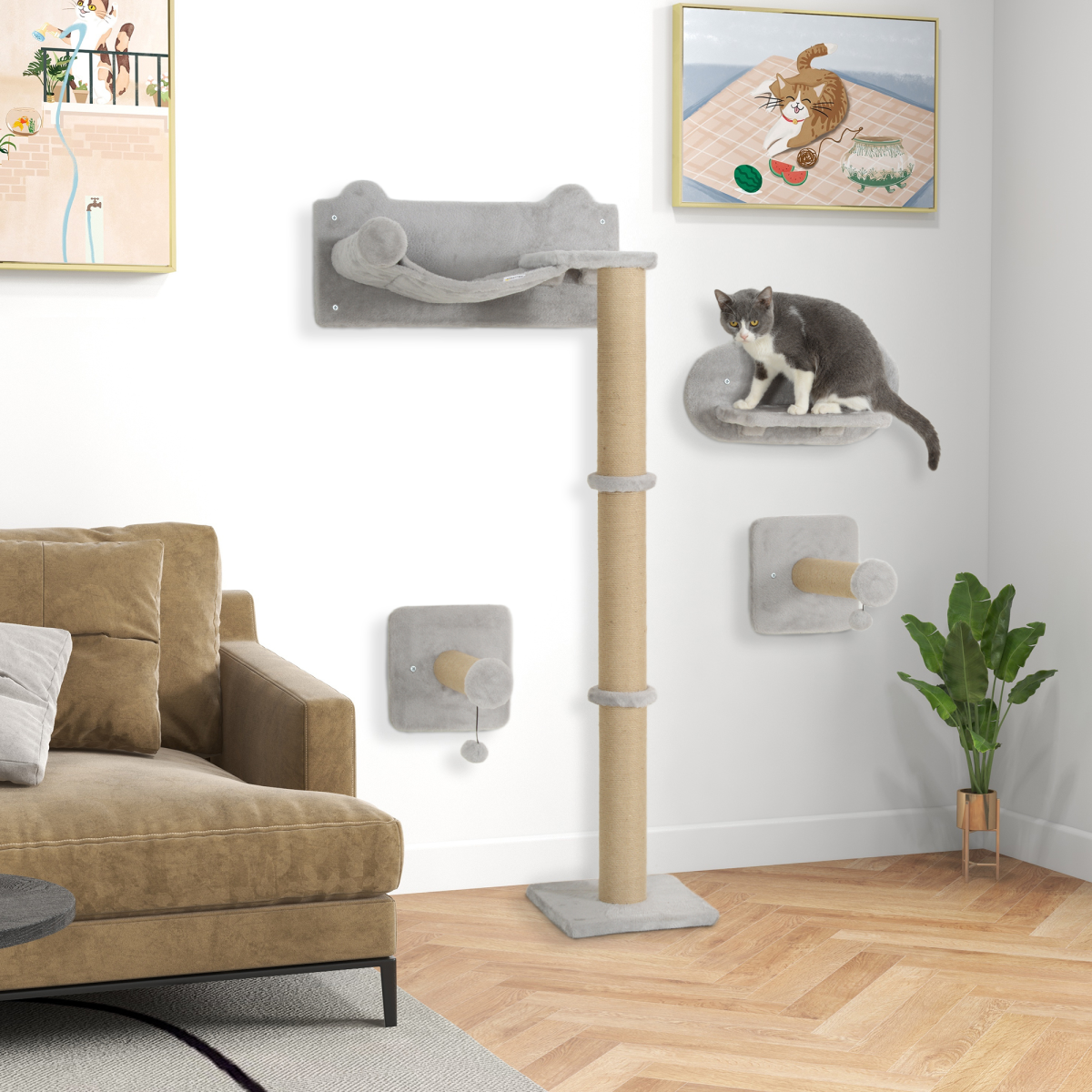 PawHut 4 Piece Cat Shelves w/ Scratching Post, Steps, Jumping Platform