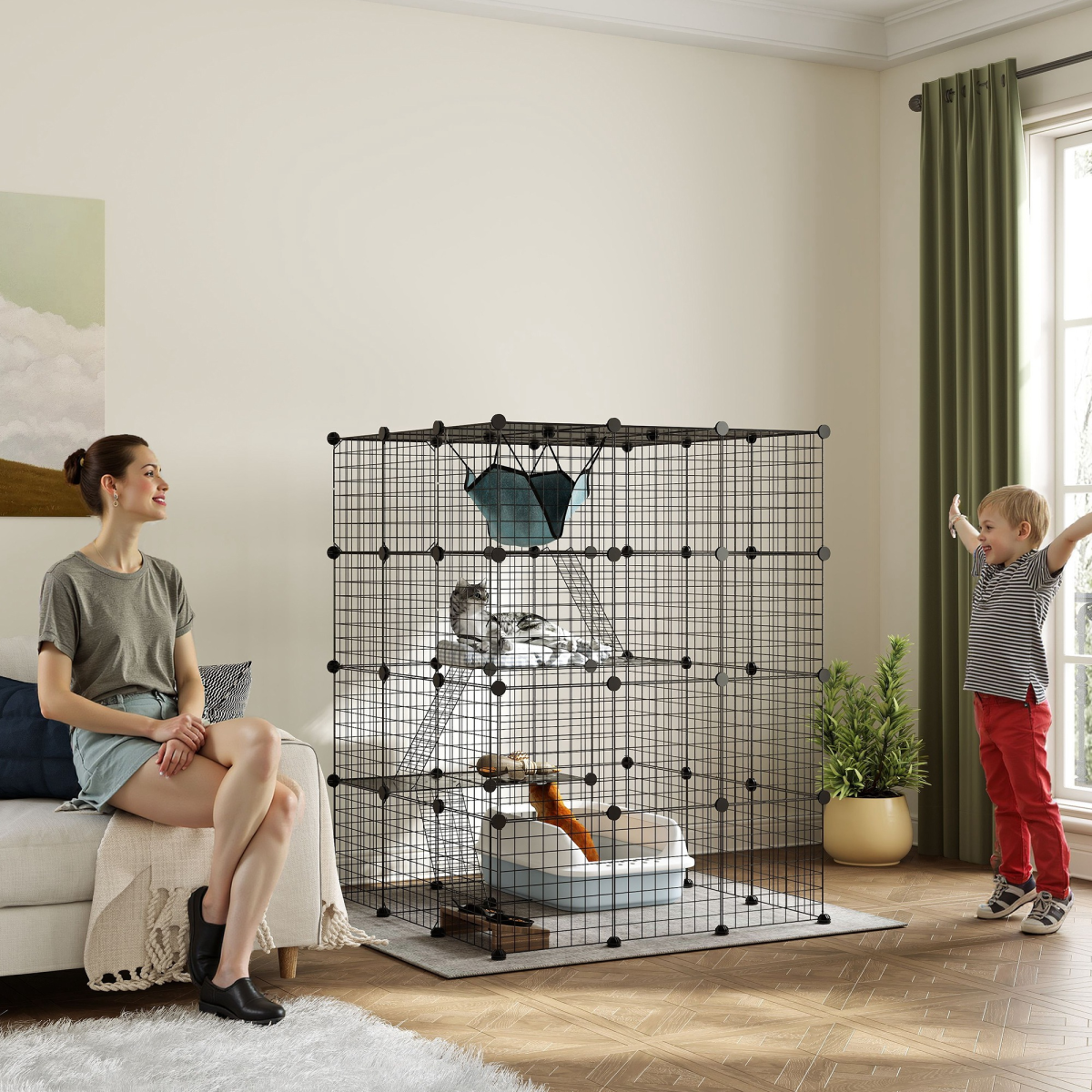PawHut DIY 4 Tier Cat Cage Indoor with Hammock, Ramps, Doors, for 1-3 Cats