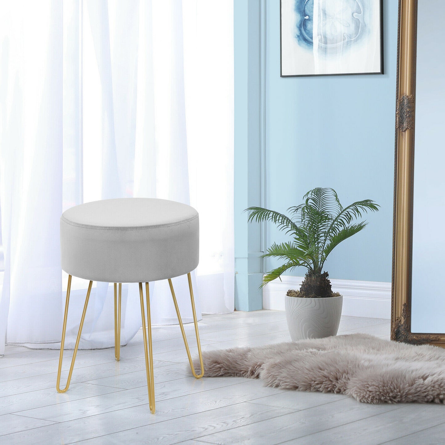 Velvet Modern Round Footstool Ottoman Makeup Dressing Chair-Blue