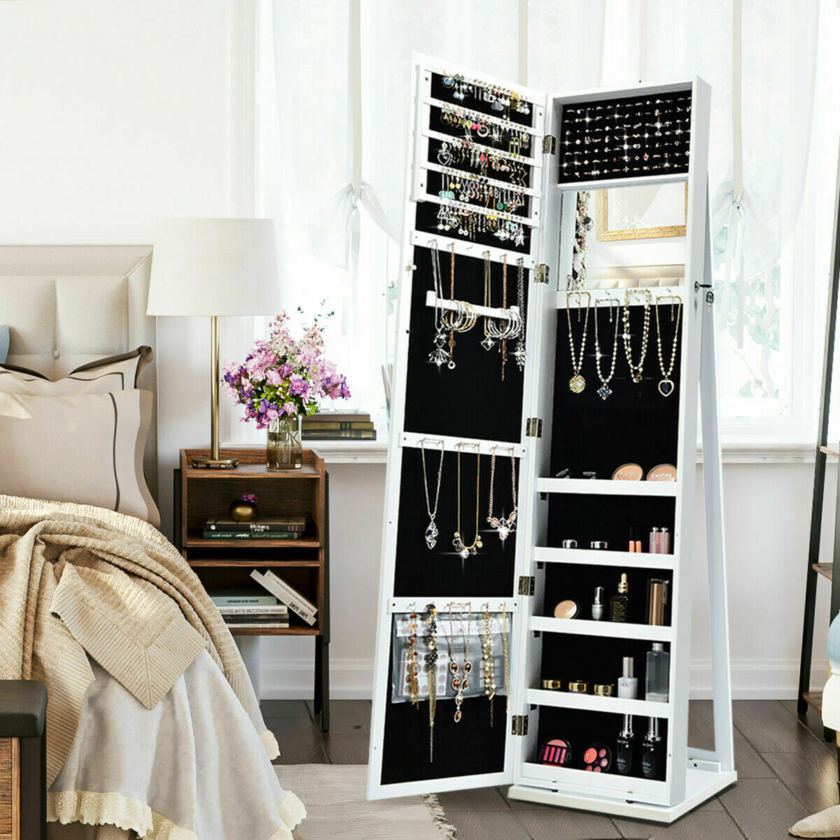3-in-1 Mirrored Jewelry Armoire with Display Shelves-Black