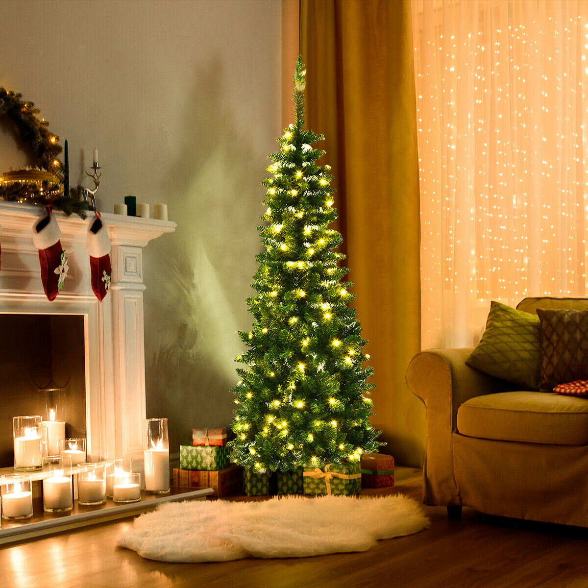 Artificial Pencil Christmas Tree with LED Lights in 3 Sizes-7.5FT