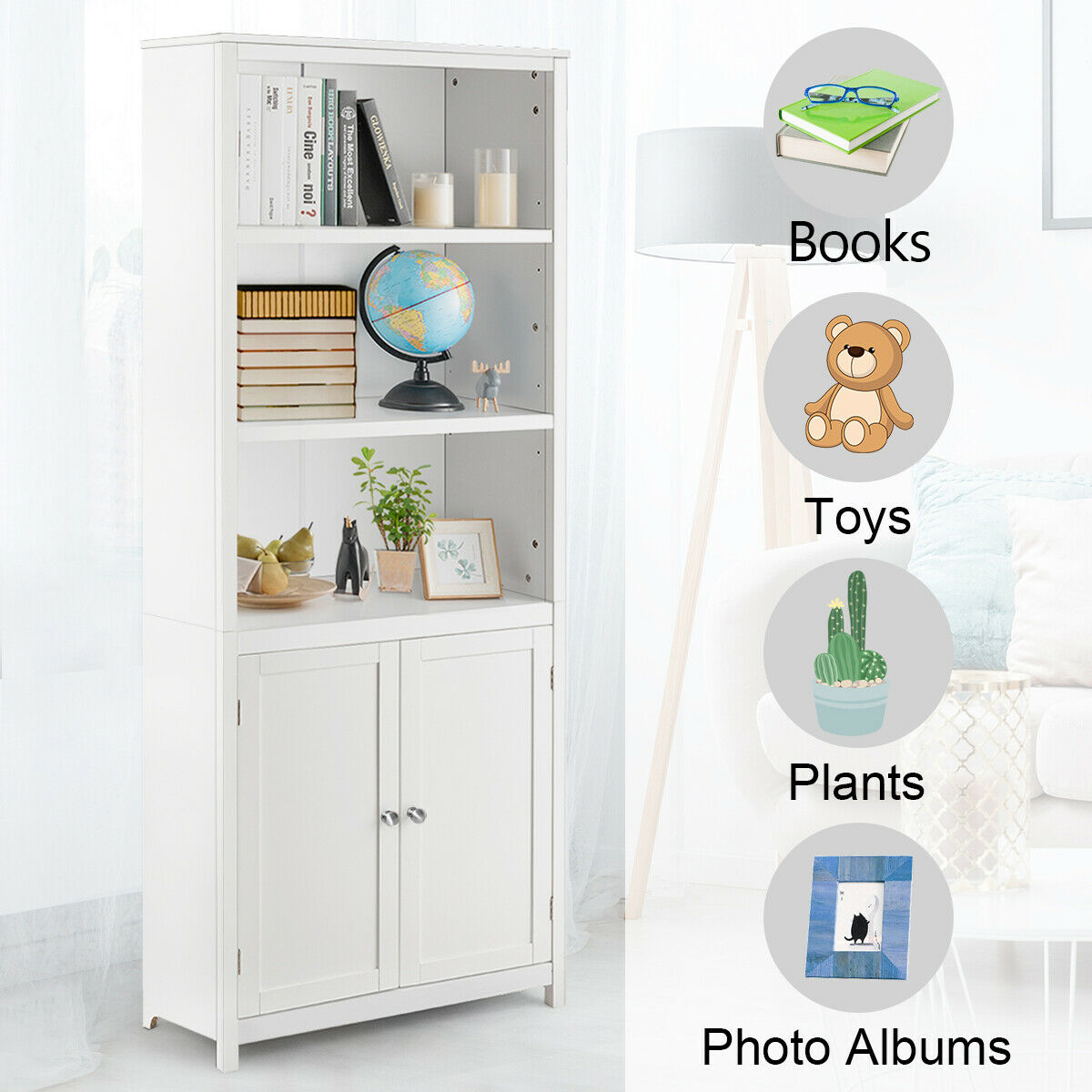 Wooden Tall Bookcase with 3-Tier Storage Cabinet-Grey