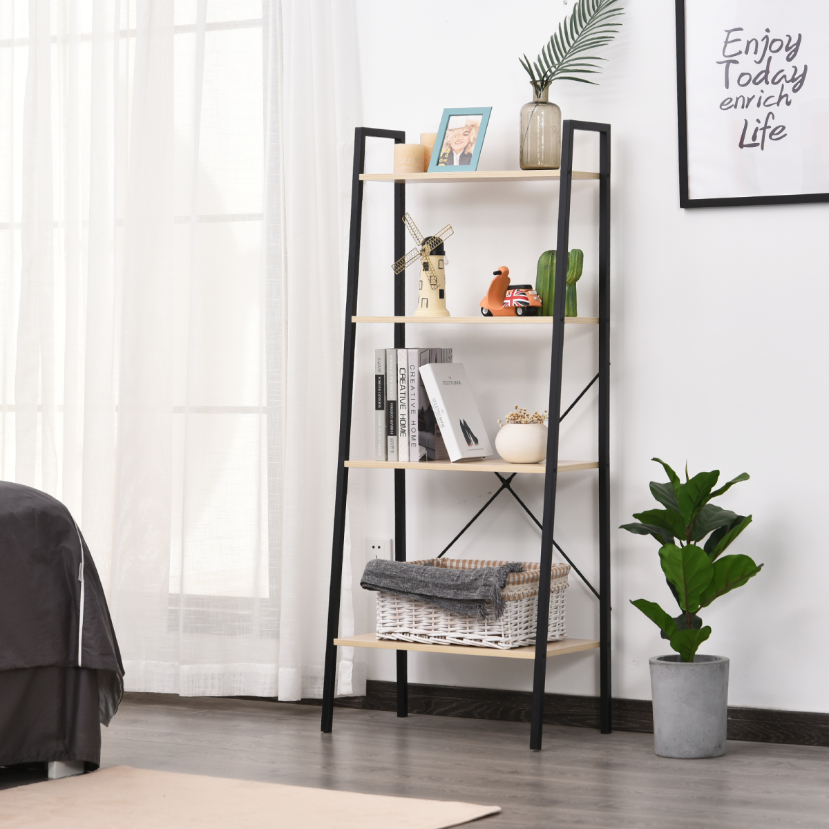 4-Tier Minimalistic Ladder Shelf Unit Steel Frame Home Display Storage