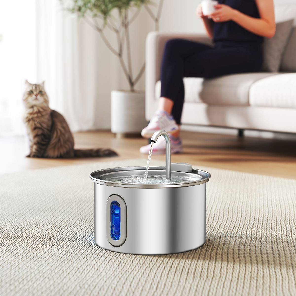 PawHut 2.5L Cat Water Fountain for Drinking Stainless Steel Ultra-Silent
