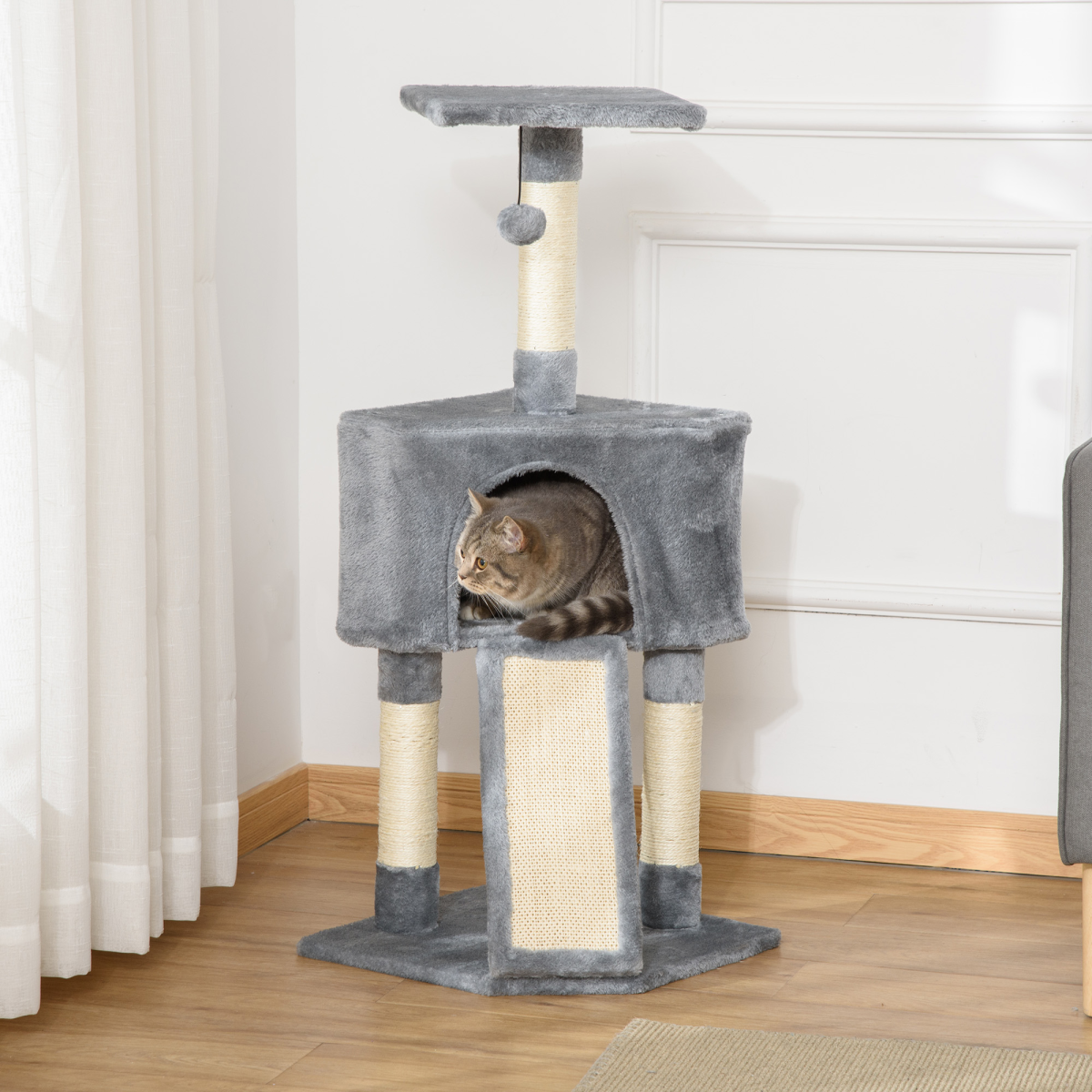 3 Level Cat Tree Sisal Scratching Post Perch Condo Ladder Cat Furniture Grey