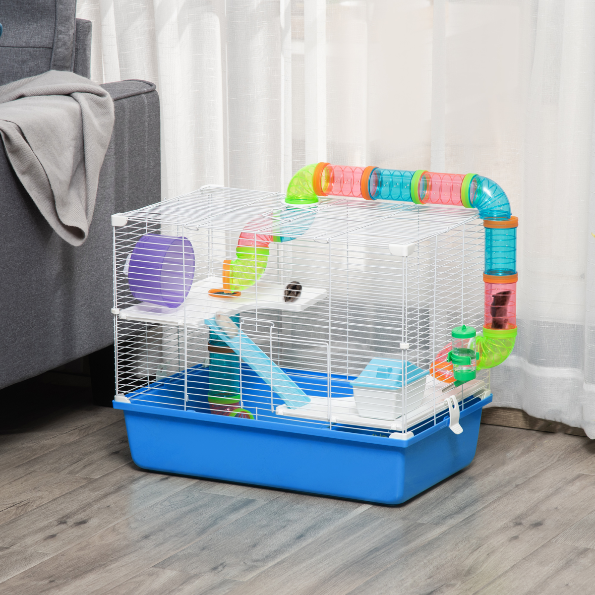 Hamster Cage Rodents House w/ Tubes Exercise Wheel, Water Bottle -  Blue