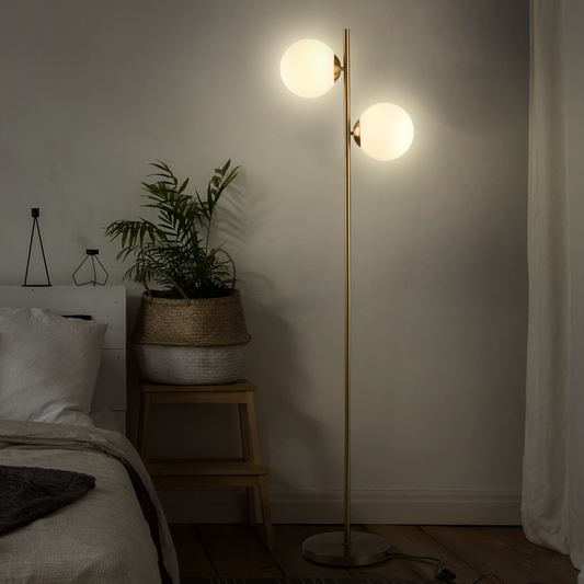 2 Glass Shade Floor Lamp Metal Pole Modern Decorative Floor Switch Gold HOMCOM