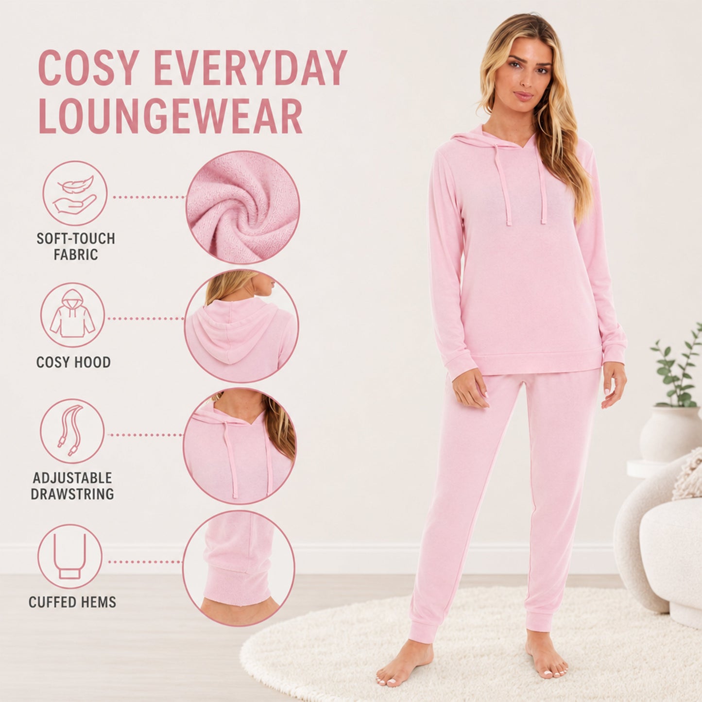 Daisy Dreamer Hooded Pyjama Set Womens Pink Grey Long Sleeve Hoodie and Pants Luxurious