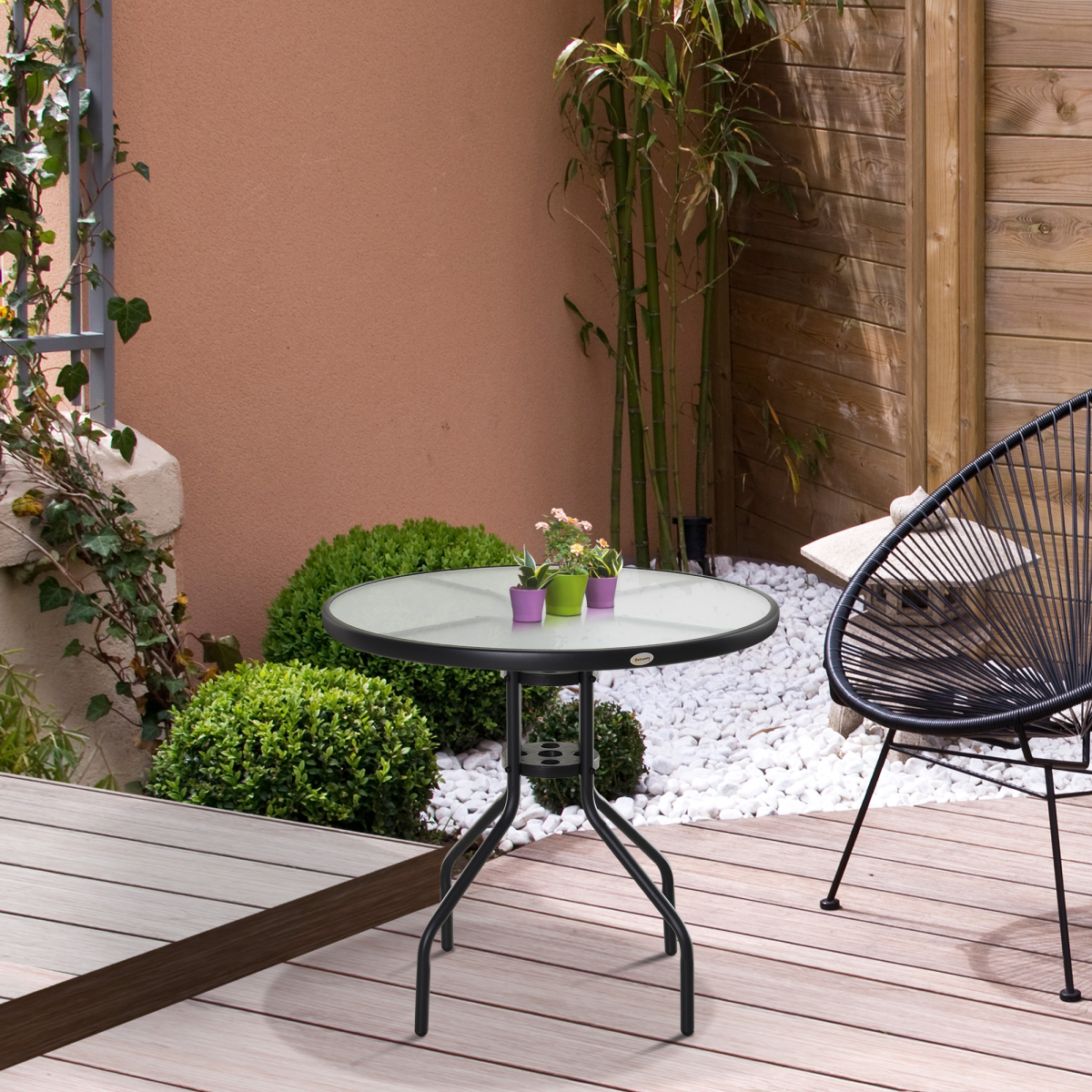 80cm Outdoor Round Dining Table Garden Patio Tempered Glass Top w/ Parasol Hole