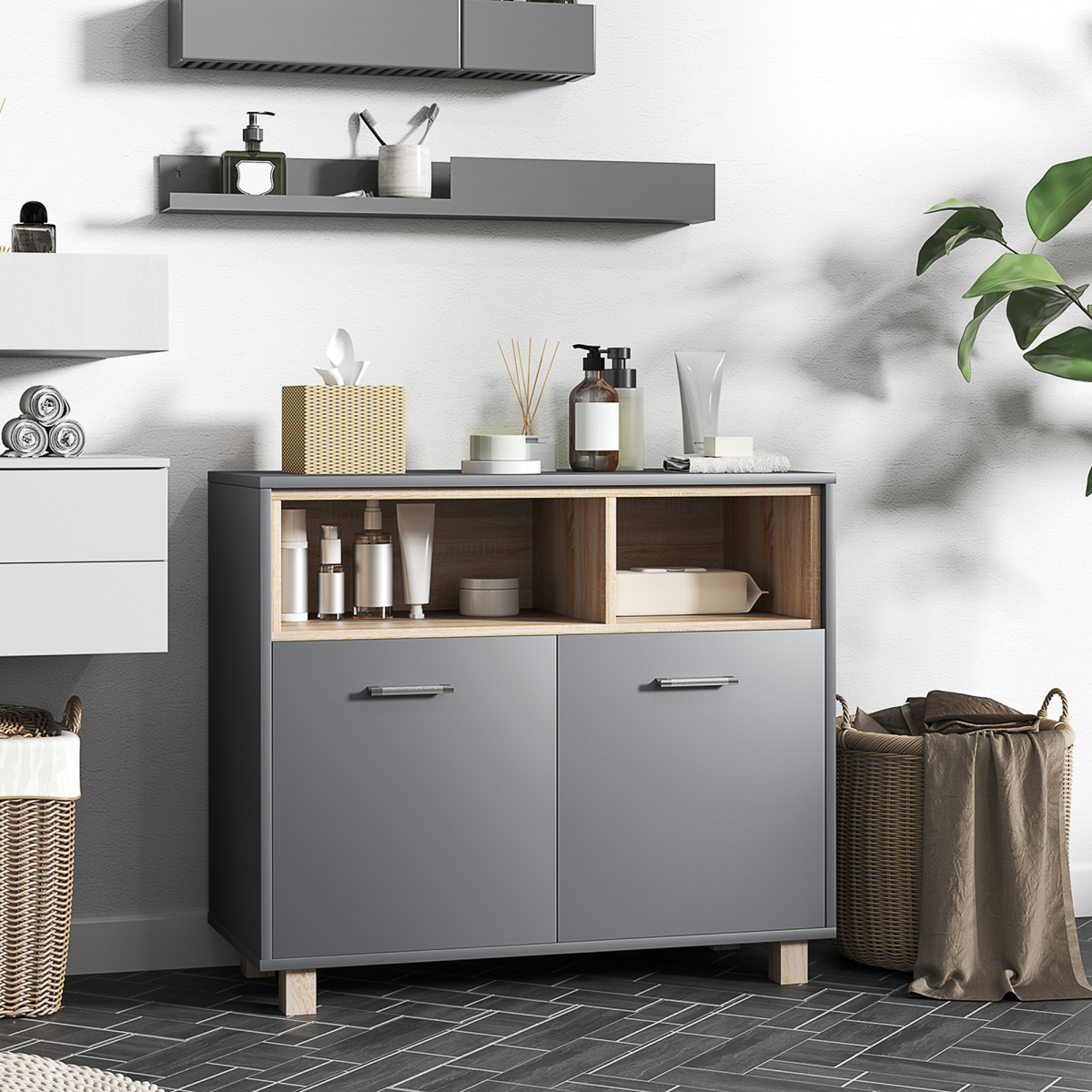 HOMCOM Bathroom Storage Cabinet with Open Compartments and Double Doors