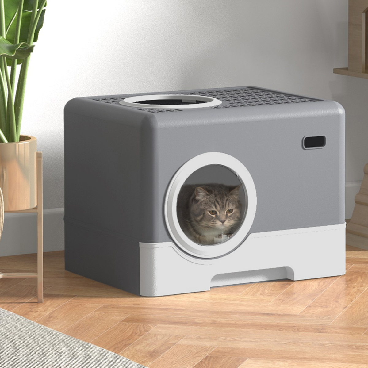 PawHut Enclosed Cat Litter Tray with Lid, Front Entry, Top Exit, Scoop - Grey