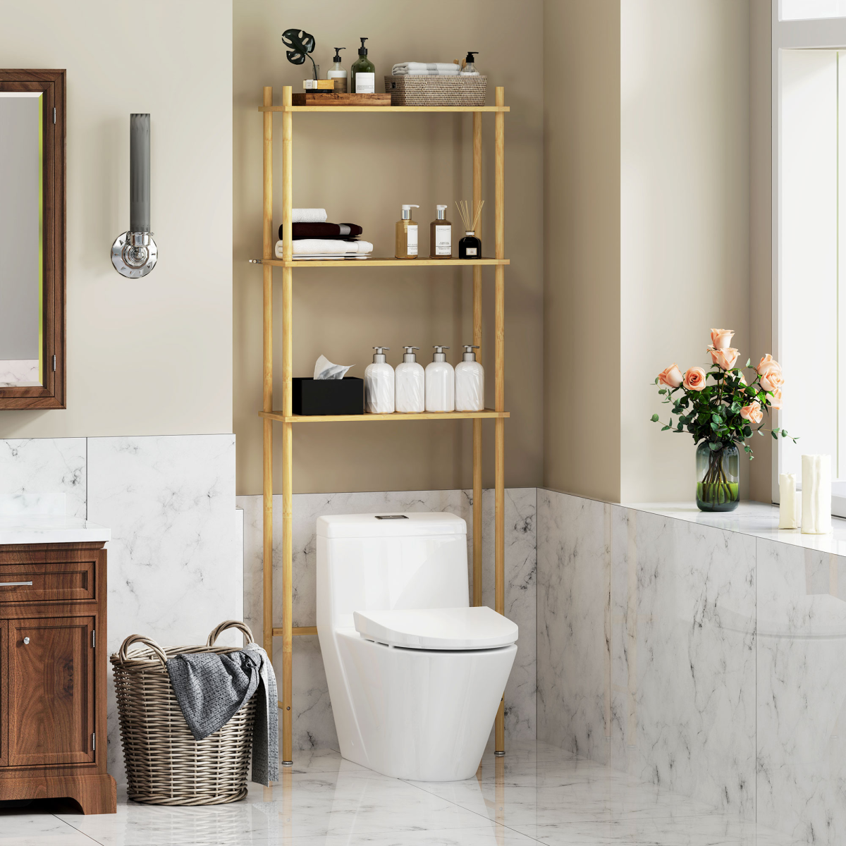 HOMCOM Bamboo Over Toilet Storage Unit with 3 Slatted Shelves, Natural