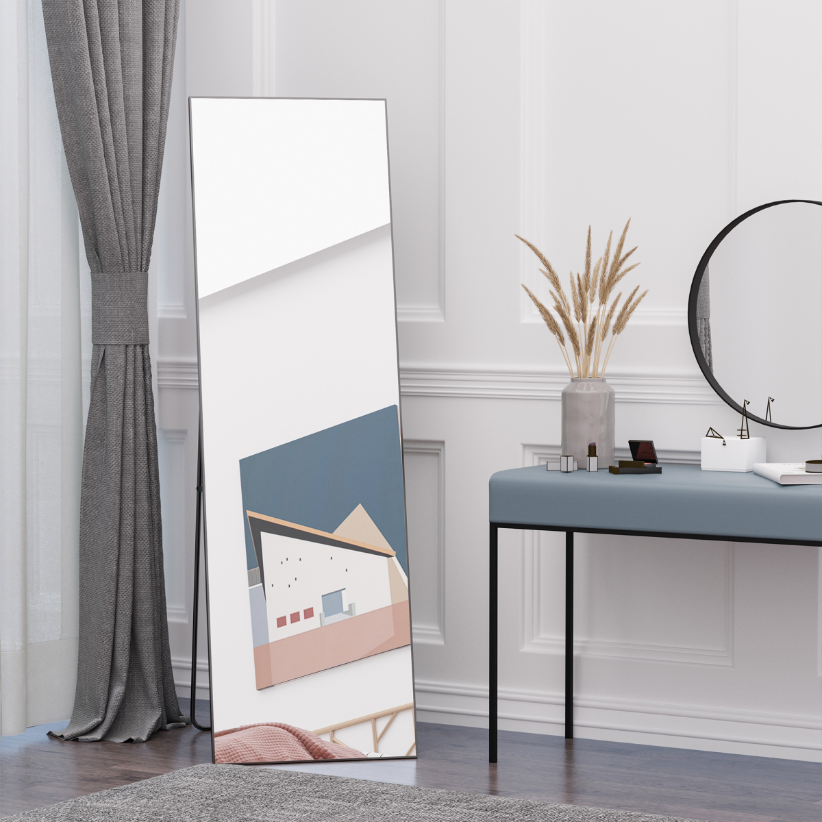 HOMCOM Full Length Mirror Floor Standing Wall-Mounted, Dressing Mirror Black