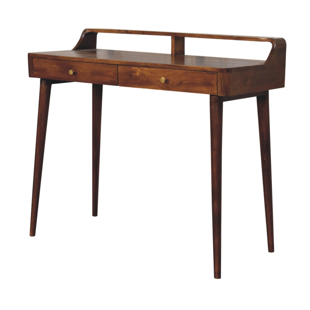 Artisan Furniture Solid Wood Elevated Chestnut Console Table, 2 Drawers, Dark Brown