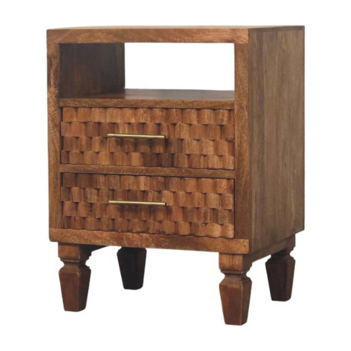 Artisan Furniture Solid Wood Arno Bedside in Golden Teak, 2 Drawers, 1 Open Slot, Beige