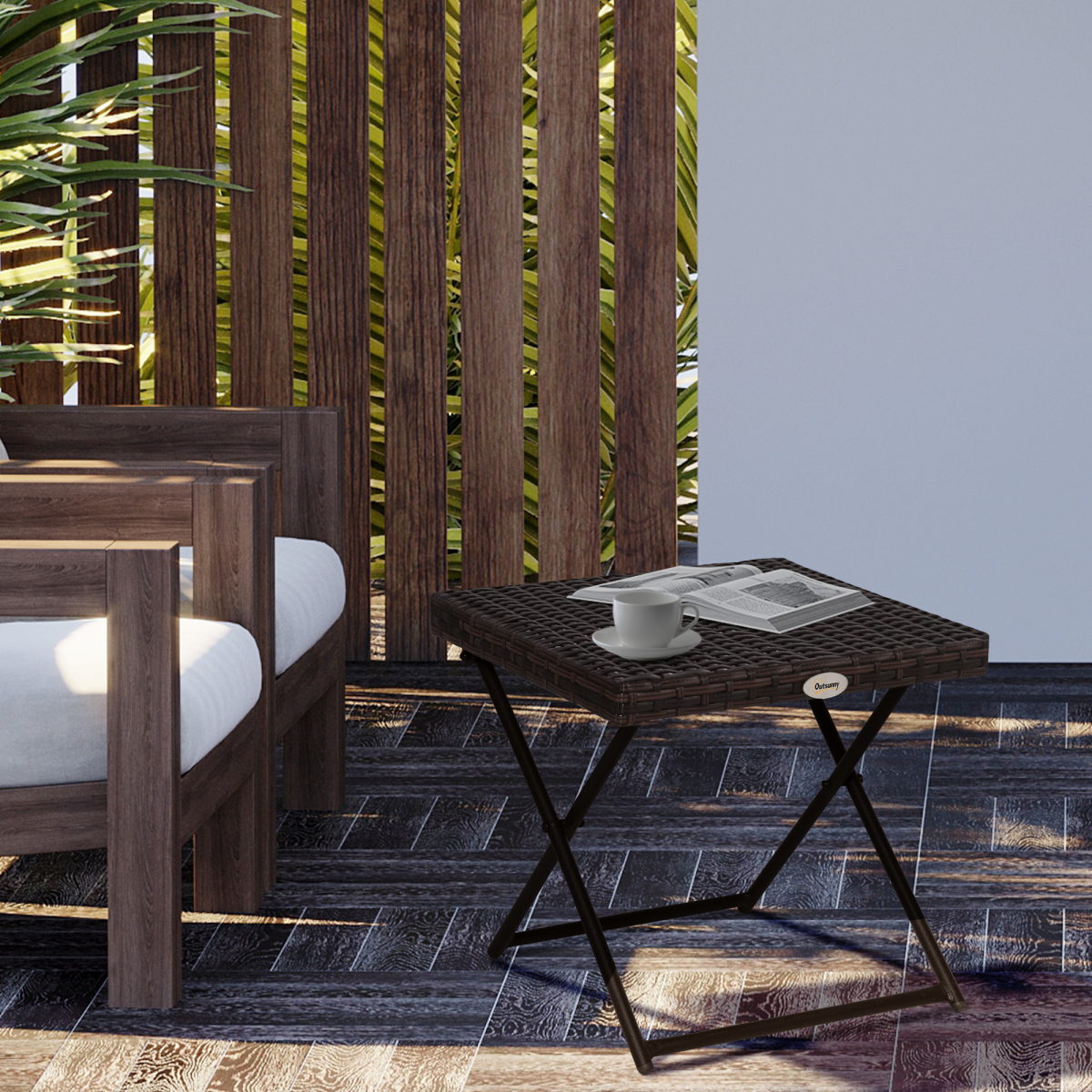 Folding Square Rattan Coffee Table Bistro Balcony Garden Steel Outdoor