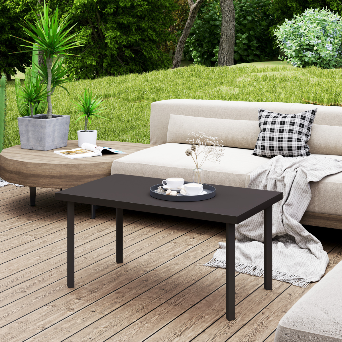 Outsunny Metal Garden Coffee Table with Woodgrain Tabletop, Brown