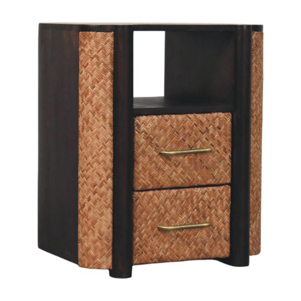 Artisan Furniture Solid Wood Rattan Curve Edge Nightstand, 2 Drawers, 1 Shelf, Brown