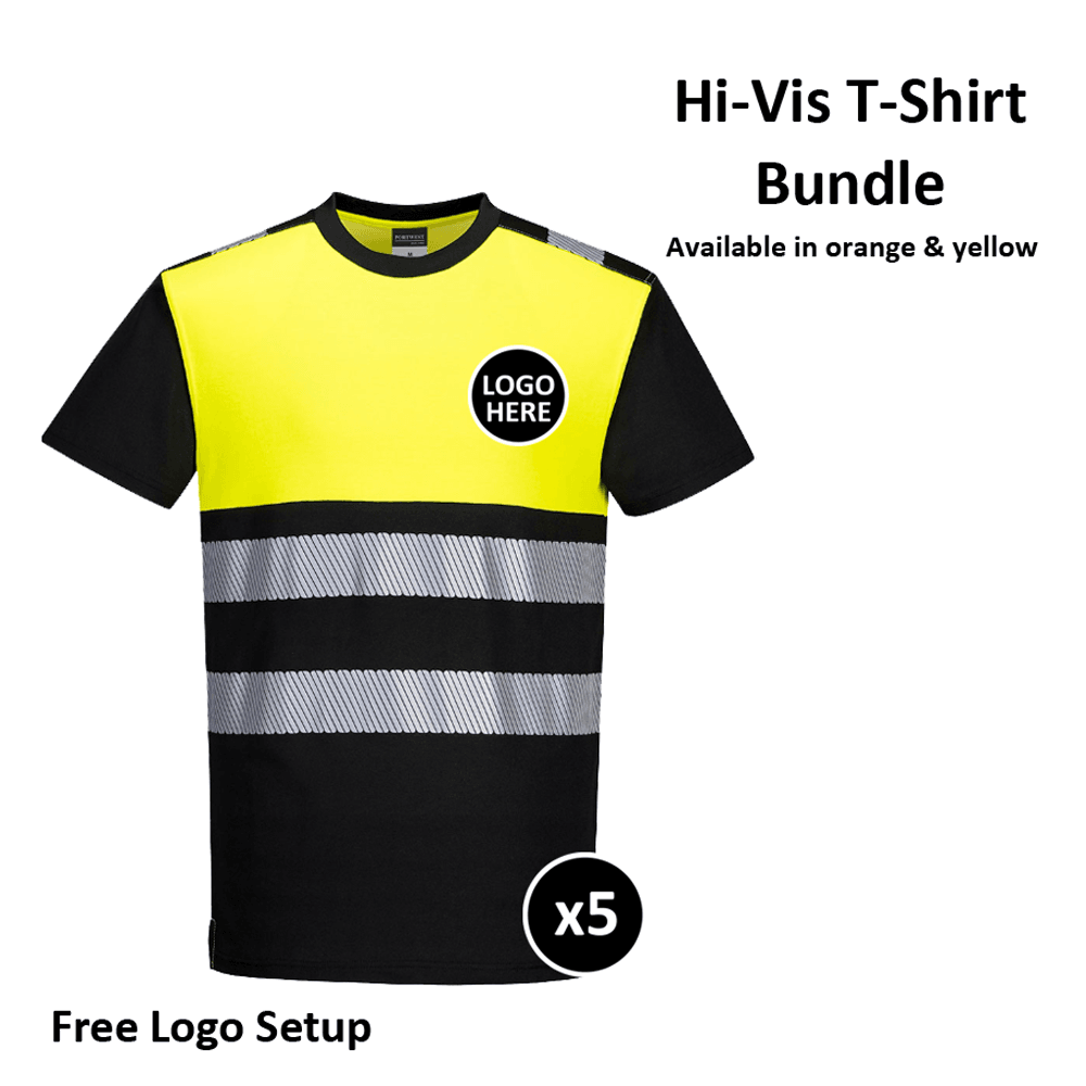 PORTWEST PW311 PW3 HI-VIS COTTON COMFORT CLASS 1 T-SHIRTS BUNDLE Inc Logo - 5 ITEMS