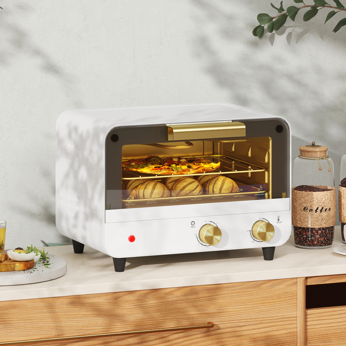 HOMCOM Small Toaster Oven, 12L Mini Countertop Oven with Glass Door, White