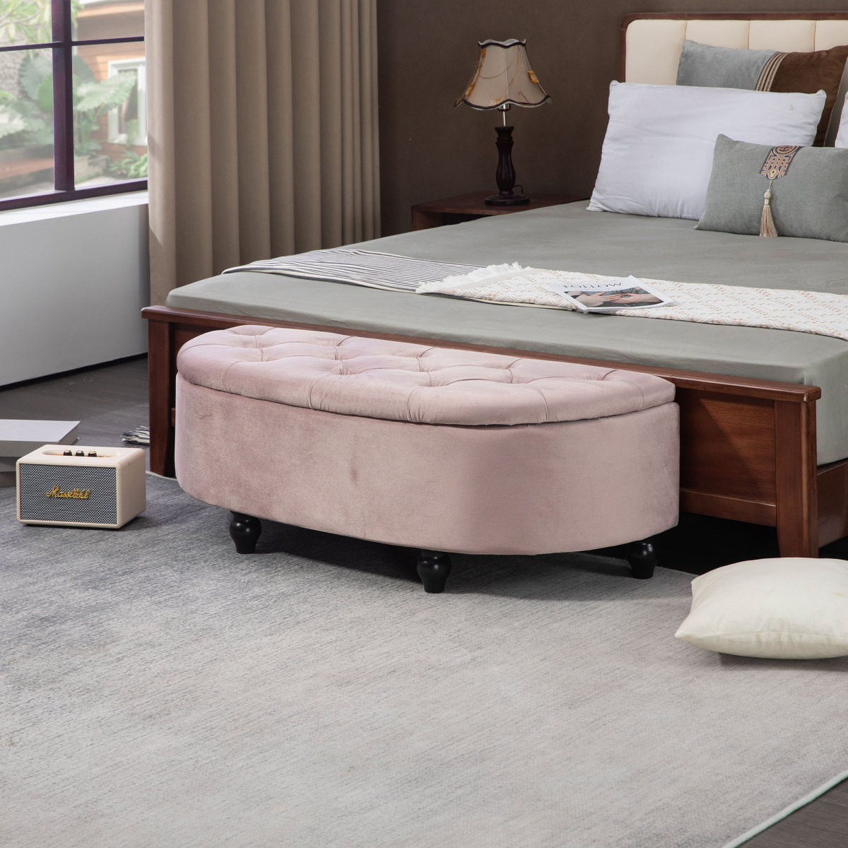HOMCOM Semi-Circle Storage Ottoman Bench Tufted Upholstered Accent Footrest