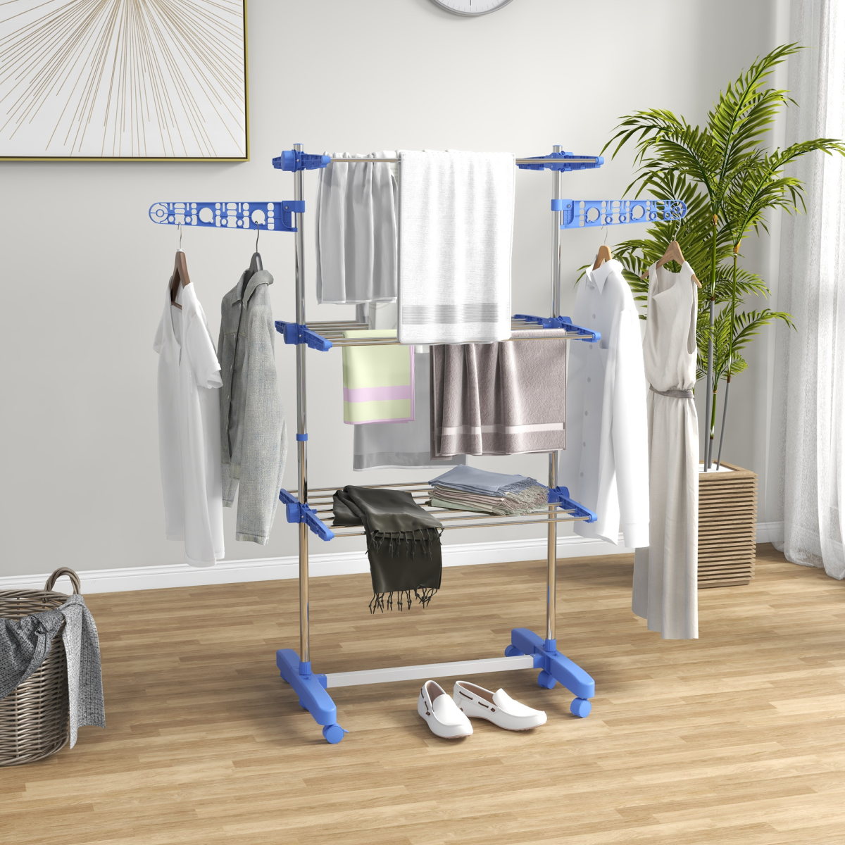 HOMCOM 3-Tier Large Clothes Airer Stainless Steel Clothes Drying Rack Blue