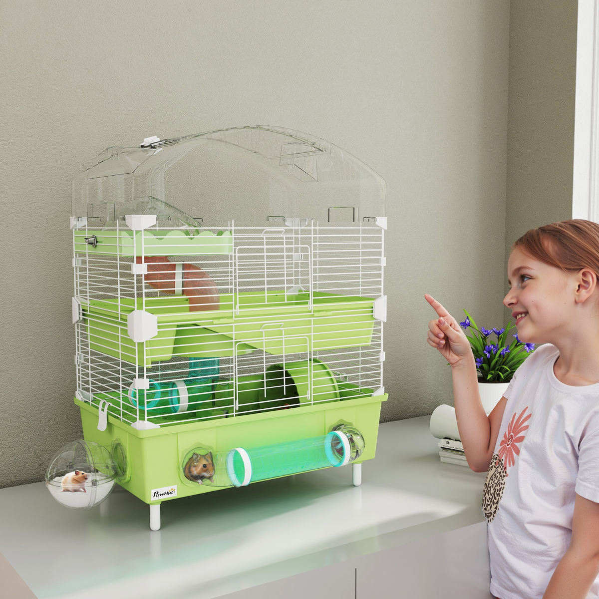 PawHut 3-Tier Hamster Cage, Hamster Habitat with Accessories, Green