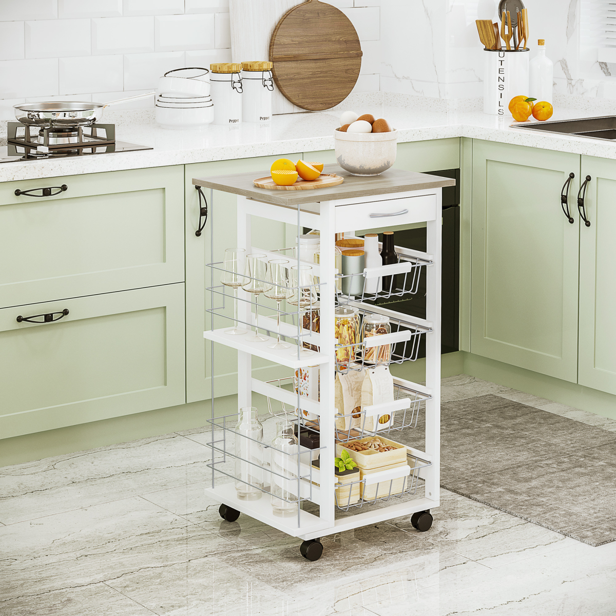 Multi-Use Kitchen Island Trolley 4 Baskets 2 Side Racks Drawer Wheels White