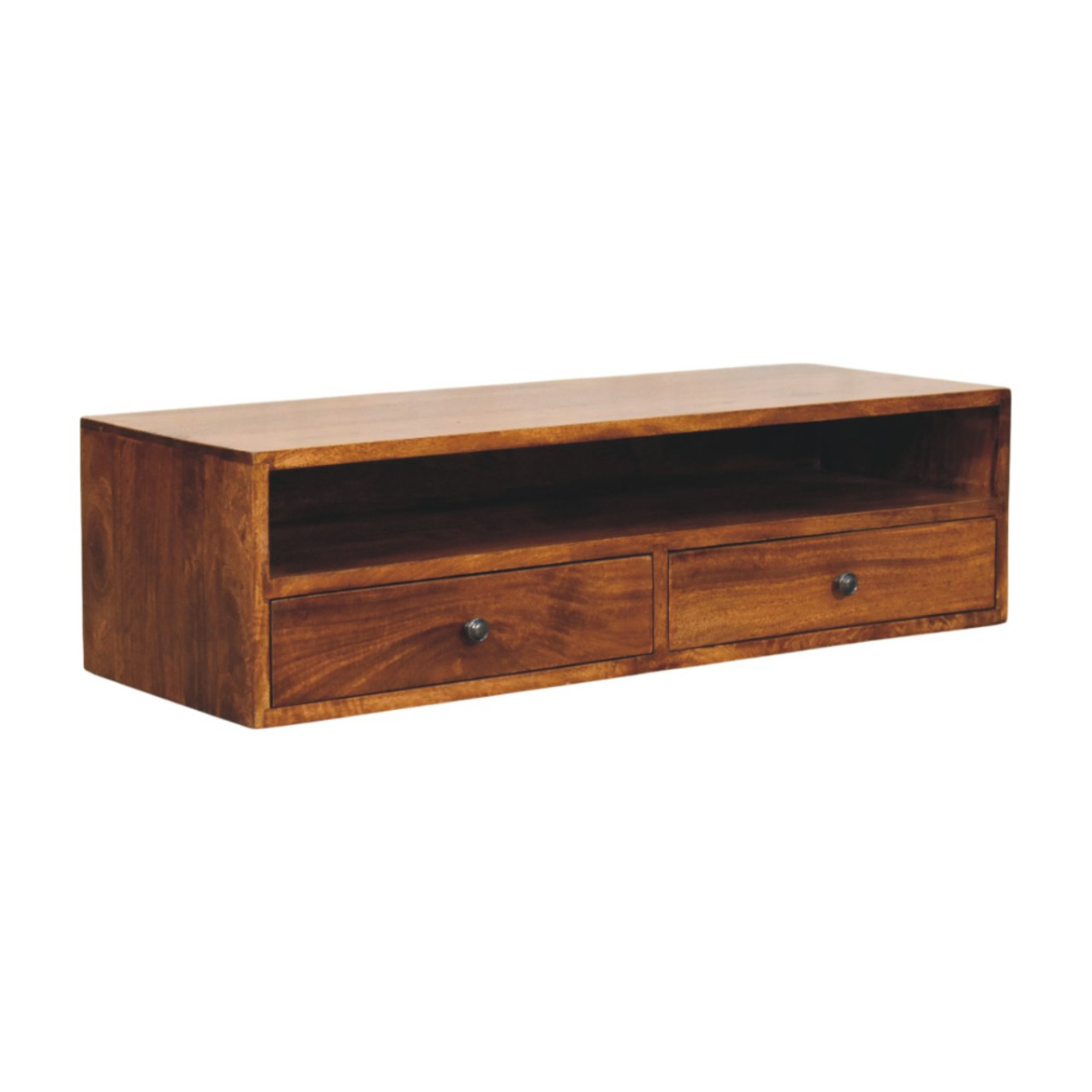 Artisan Furniture Solid Wood Lunar Chestnut Wall Mounted Media Unit, 2 Drawers and Open Shelf, Dark Brown