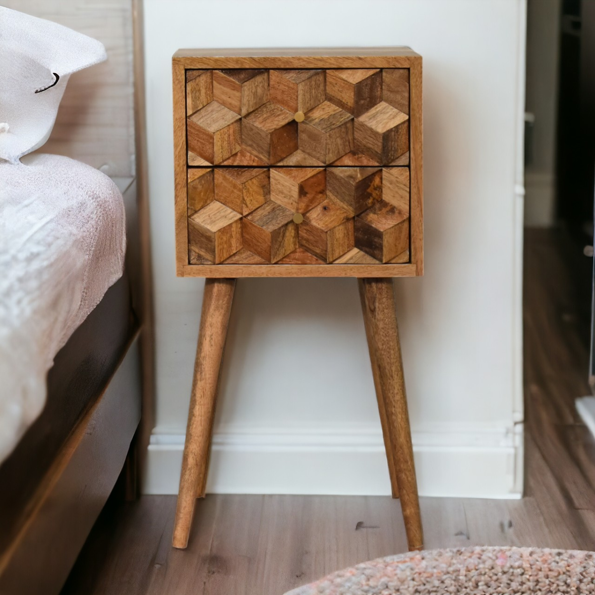 Artisan Furniture Solid Wood Mini Cube Carved 2 Drawer Bedside