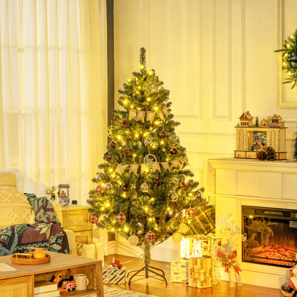 HOMCOM 6ft Artificial Christmas Tree with LED Lights, Decoration, Auto Open