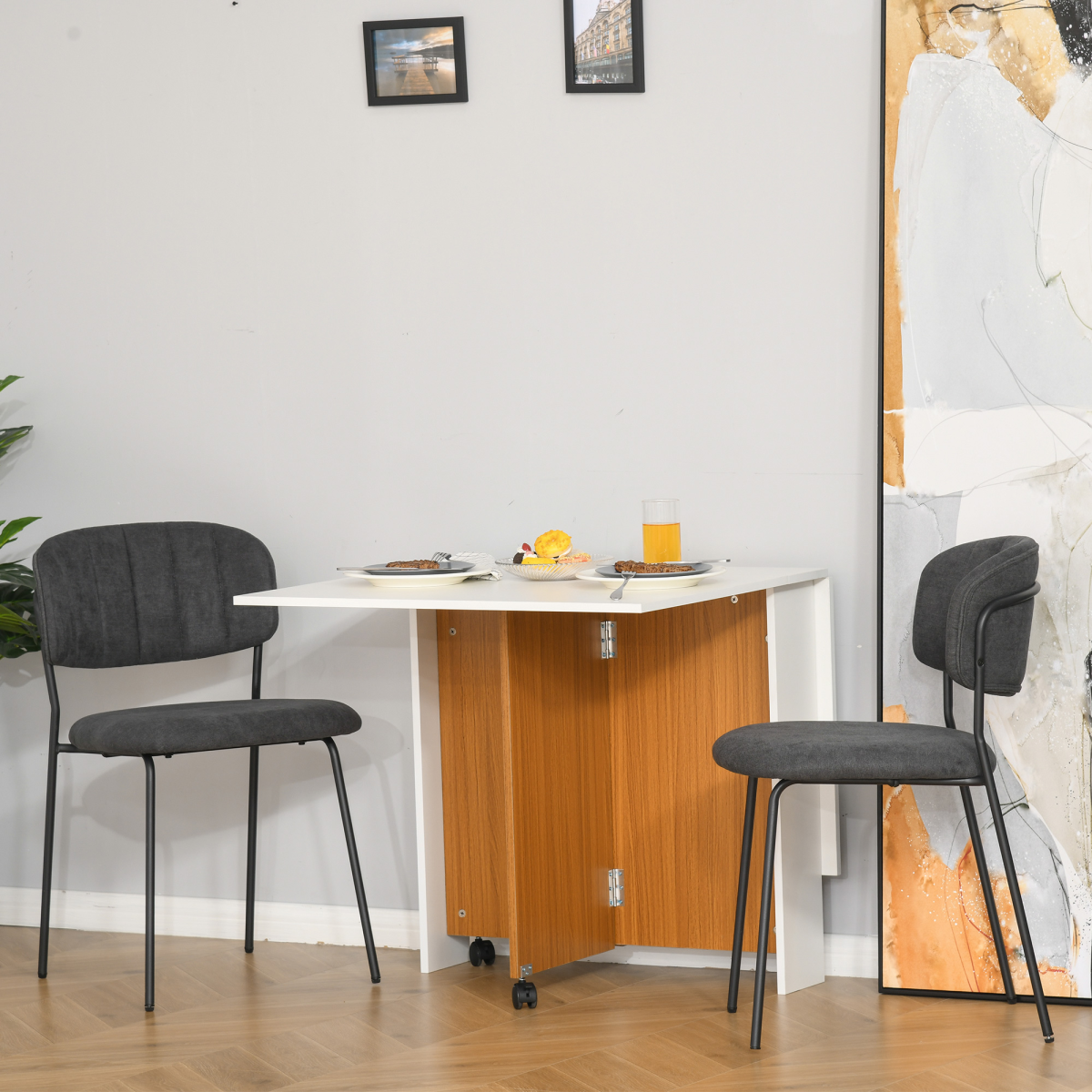 Folding Drop Leaf Table Dining Mobile Writing Desk W/ Casters-Teak/White