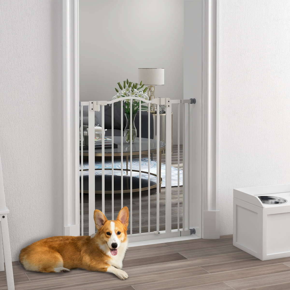 PawHut 74-87cm Adjustable Metal Pet Gate Safety Barrier w/ Auto-Close Door White