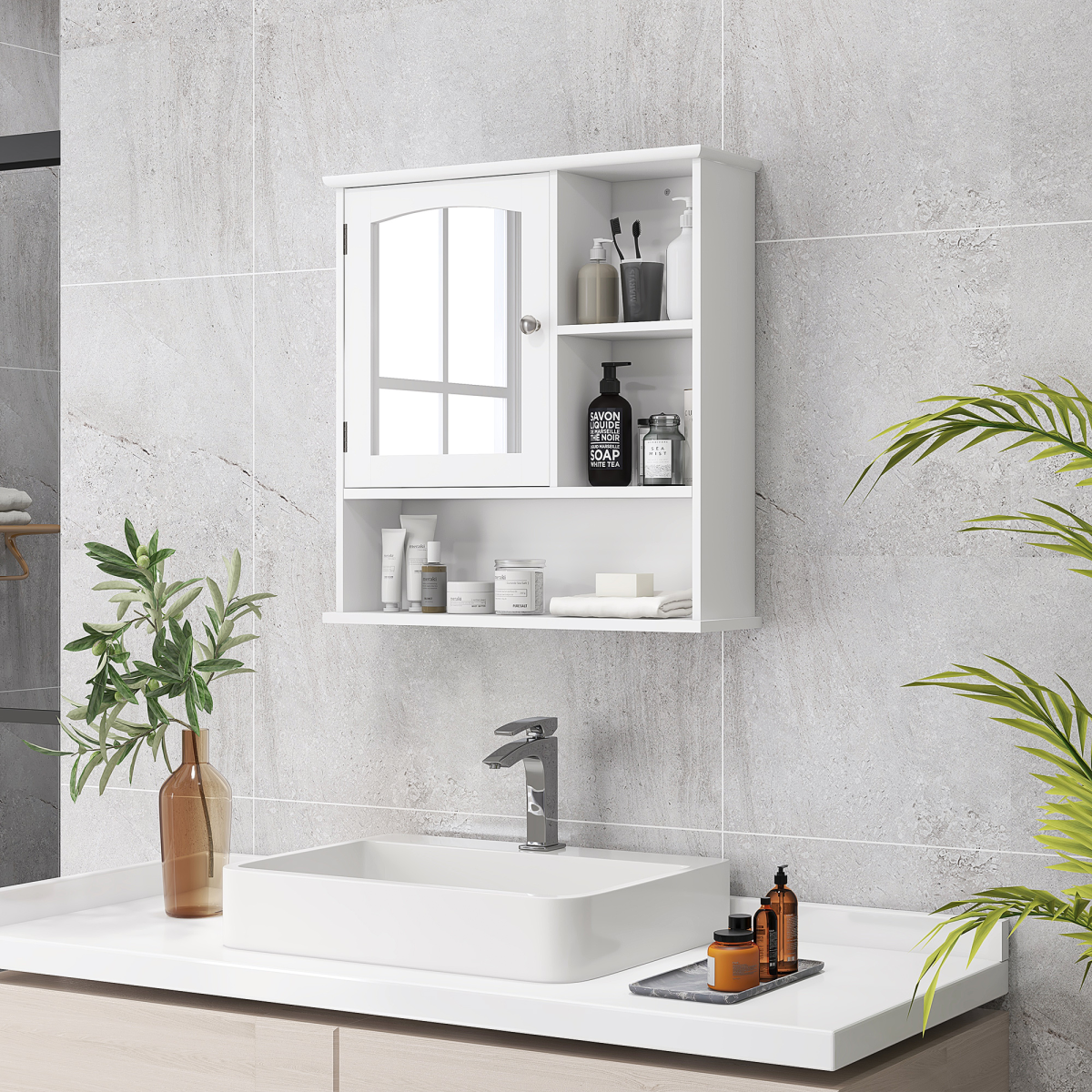 Wall Mount Mirror Cabinet Bathroom Storage Single Door Mounted Glass Cupboard