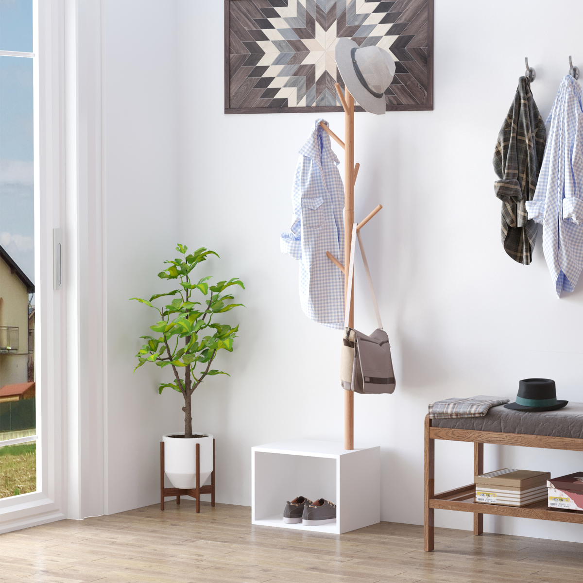 Coat Rack Storage Bench Hallway Tree Hat Hanger Entryway Bedroom Stand