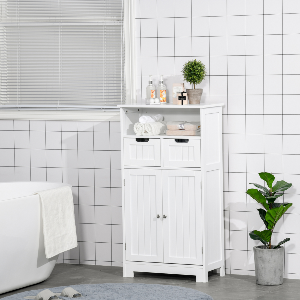 Bathroom Floor Cabinet  2 Drawers Adjustable Shelf White Removable