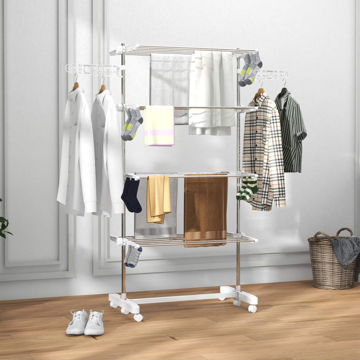 4 Layers Folding Cloth Hanger Stand Rail W/Wheels-White/Silver