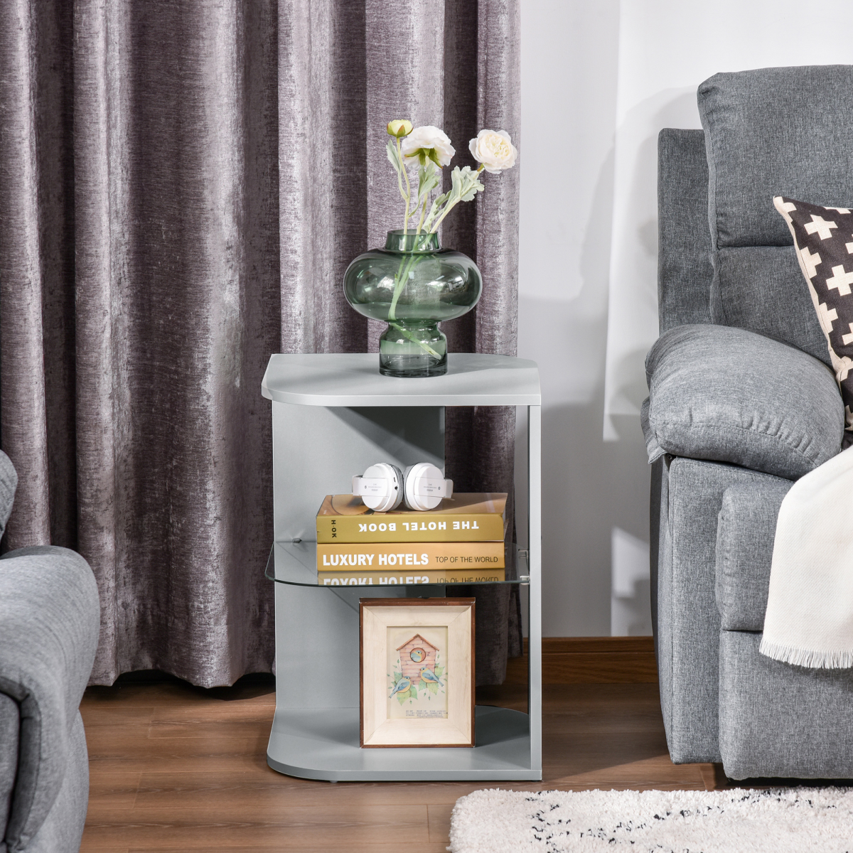 HOMCOM Modern Side Table Three Layer Bedside Table w/ Storage Shelves, Grey